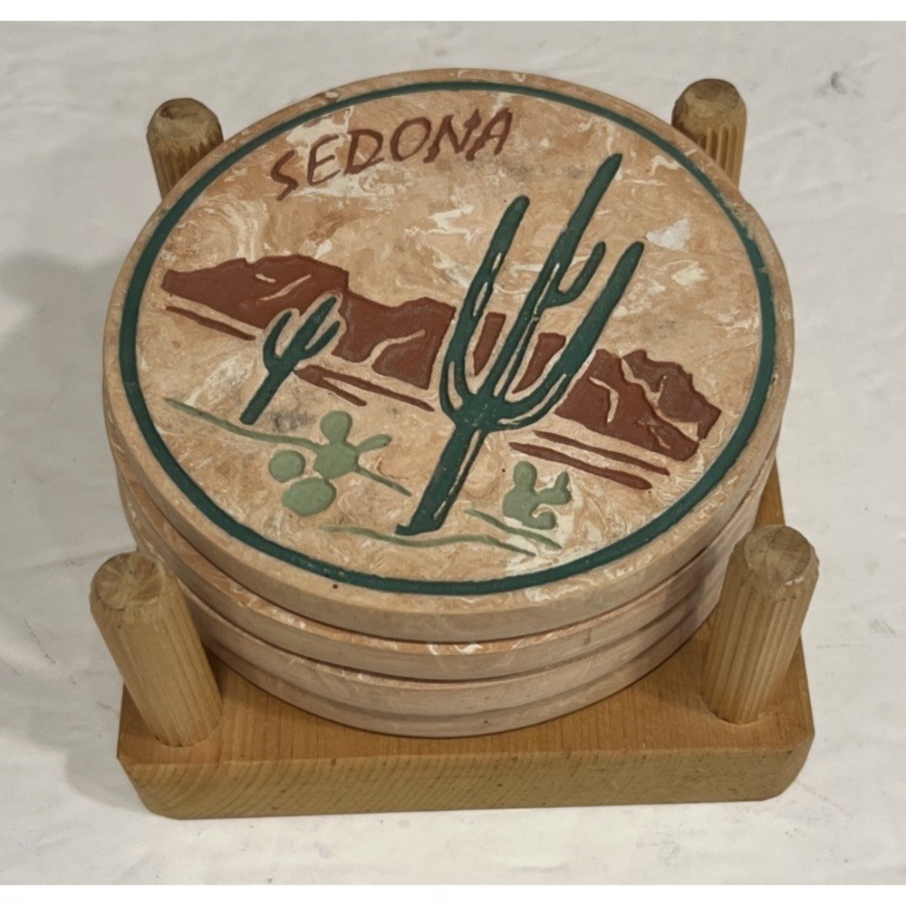 Coaster Set Of 4 Sedona Southwestern Cactus Clay Ceramic Terracotta Cork Holder